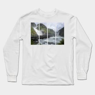 Wonderful landscapes in Norway. Vestland. Beautiful scenery of Latefossen waterfall under the Lotevatnet lake on the Hardanger scenic route. Mountains, trees in background. Cloudy day Long Sleeve T-Shirt